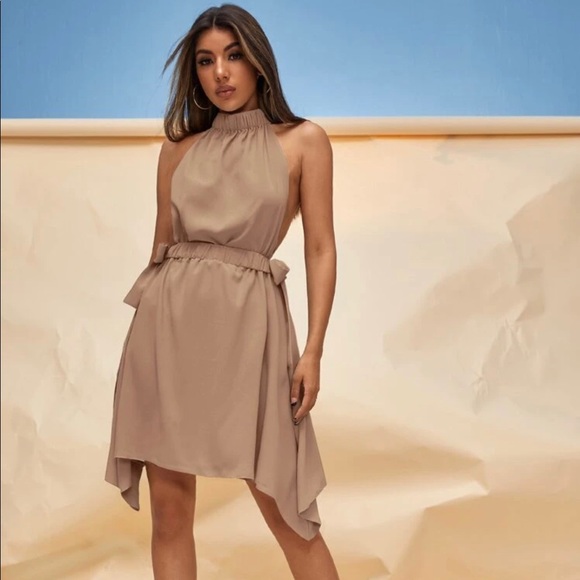 HOT! Blackless Bow Halter Cocktail Dress - Nude / Mocha - Picture 3 of 3